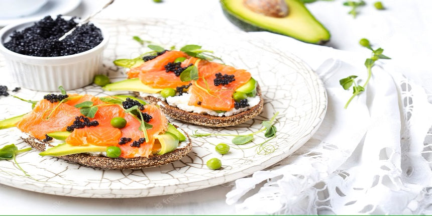 caviar toast with smoked salmon and avocado