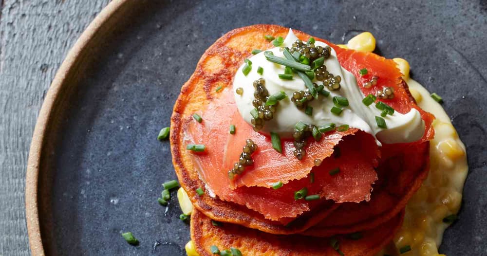 Red Pepper Blini with Creamed Corn, Smoked Salmon, and Caviar